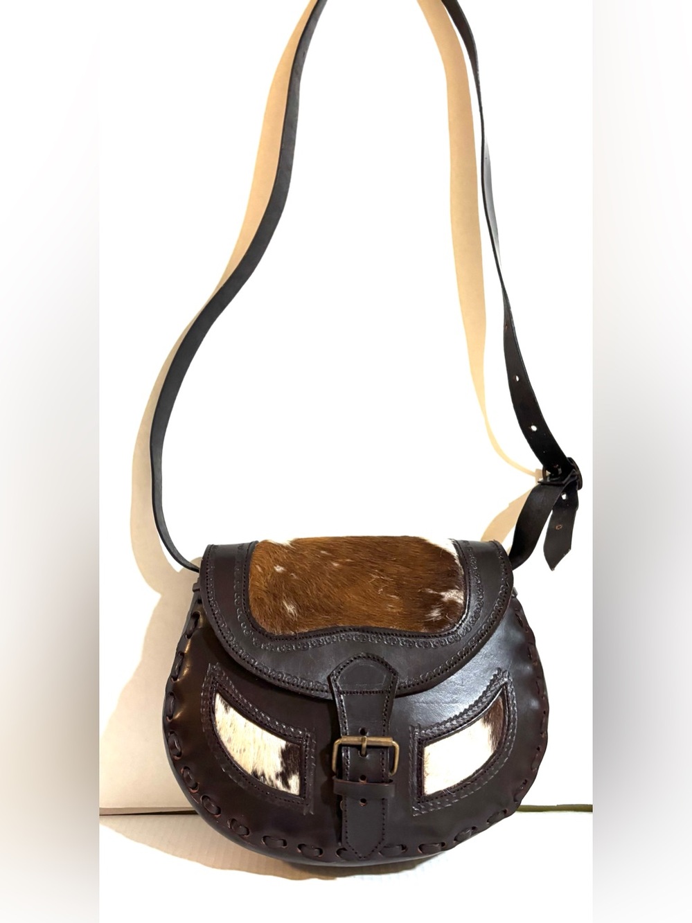 Leather Haircalf Saddle leather Crossbody Bag in Dark Brown